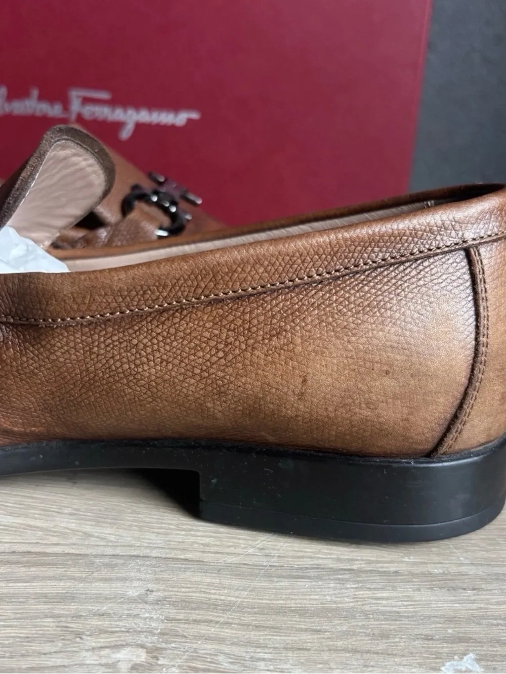 Salvatore Ferragamo REE 8 Brown Pebbled Calf Leather Dress Gancini Loafers Men'